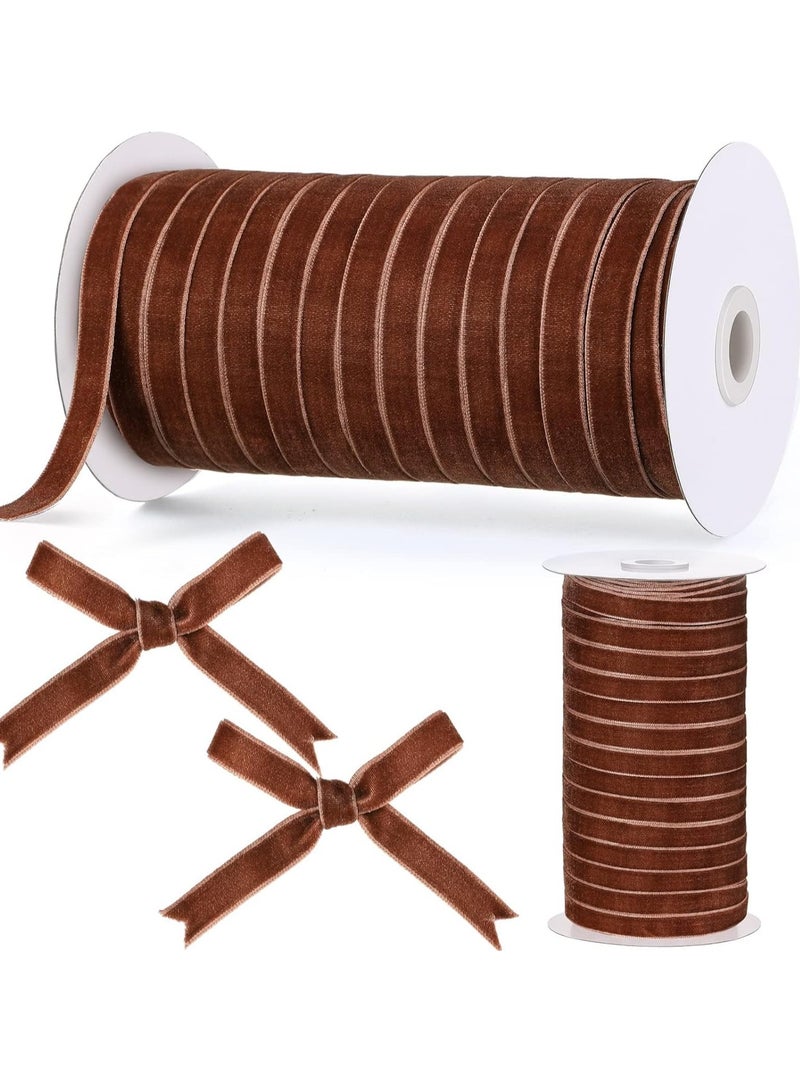Vintage Velvet Ribbon Single Face Spool Satin for Wreath Decoration DIY Bow Craft Gift Wrapping (Brown, 1cm, 60 Yard) - Image 1