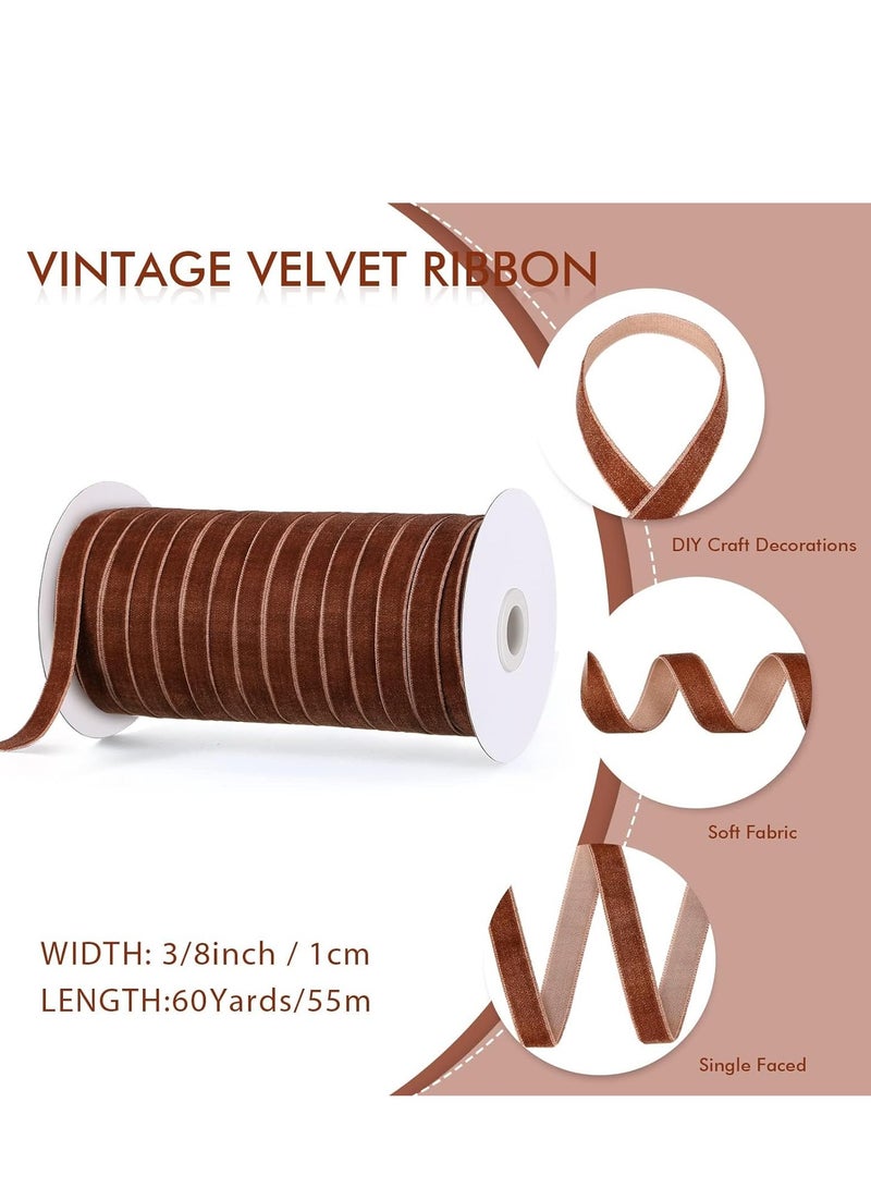 Vintage Velvet Ribbon Single Face Spool Satin for Wreath Decoration DIY Bow Craft Gift Wrapping (Brown, 1cm, 60 Yard) - Image 2