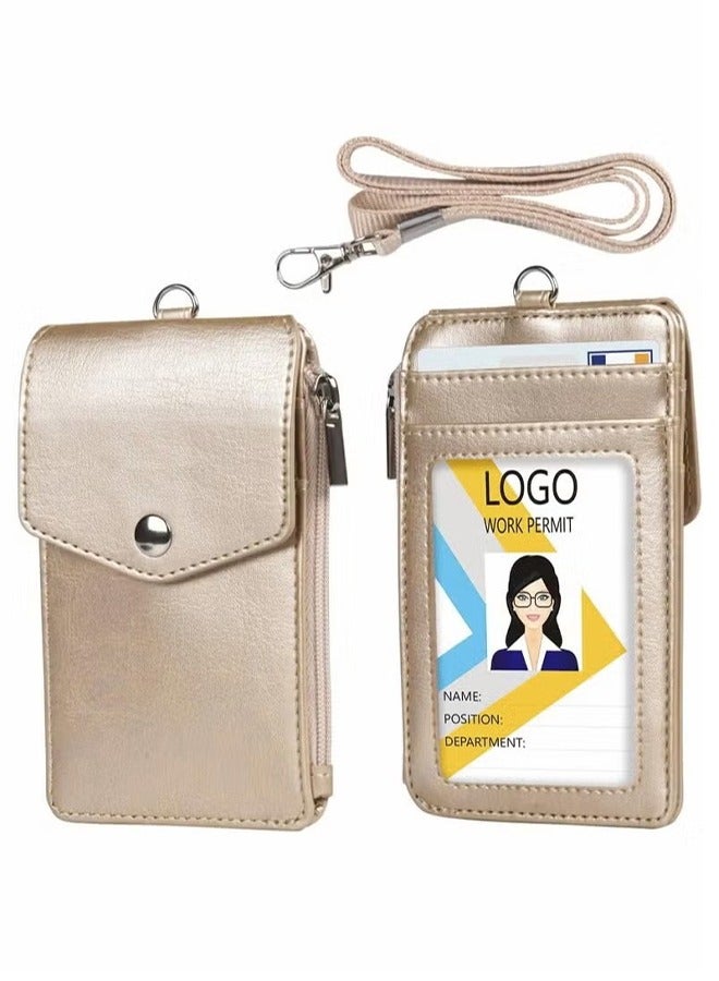 Badge Holder with Zipper PU Leather ID Card Wallet 1 Clear Window and 3 Slots Secure Cover Nylon Lanyard for Office School ID, Credit Cards, Driver Licence (Gold) - Image 1