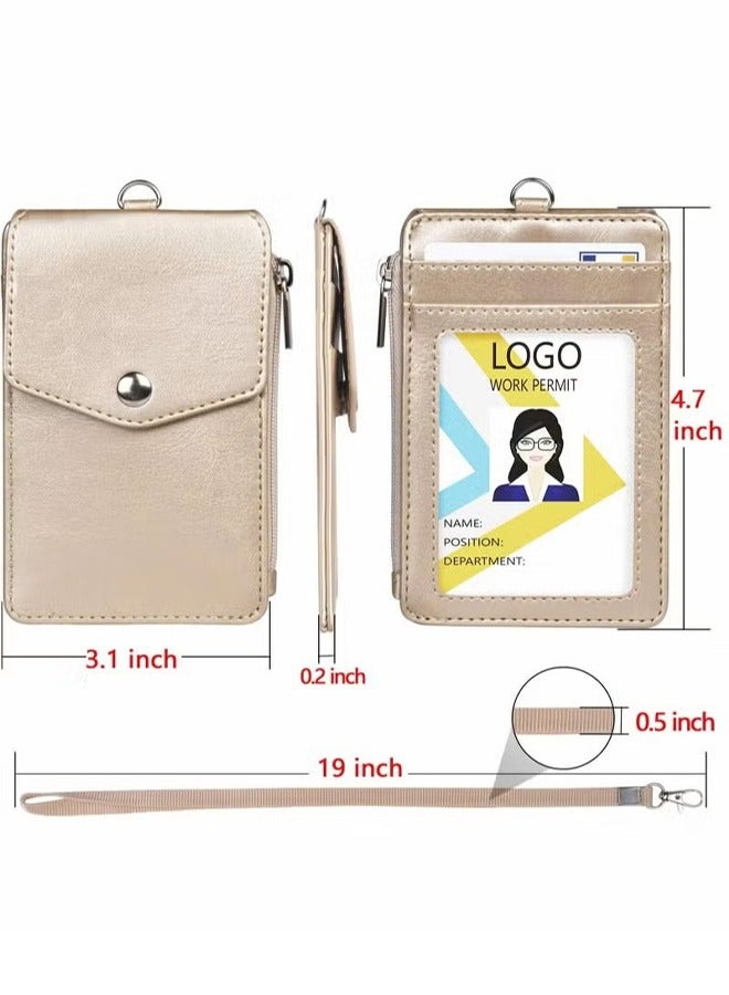 Badge Holder with Zipper PU Leather ID Card Wallet 1 Clear Window and 3 Slots Secure Cover Nylon Lanyard for Office School ID, Credit Cards, Driver Licence (Gold) - Image 3