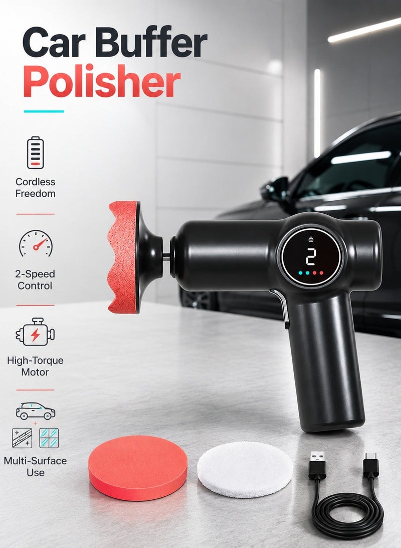 WALALLA Cordless Car Buffer Polisher, Portable 2-Speed Polishing Machine with Digital Display, Rechargeable Handheld Detailing Tool with Polishing Pads and USB Charging Cable for Cars, Motorcycles, Metal, Glass and Furniture - Image 1