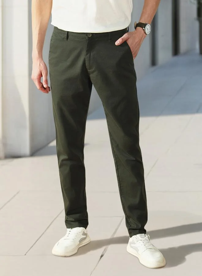 Men'S Dark Green 100% Cotton Solid Pattern Full Length Chinos Slim Fit Trouser