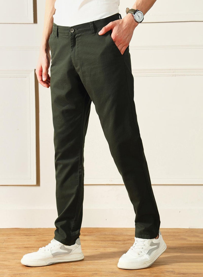 Dennis Lingo Men'S Dark Green 100% Cotton Solid Pattern Full Length Chinos Slim Fit Trouser - Image 3