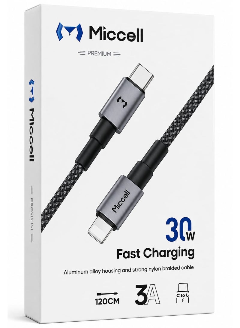 ميكسل كابل بيانات شحن سريع Miccell USB-C إلى Lightning، بطول 120 سم، 30 واط، مضفر - Image 2