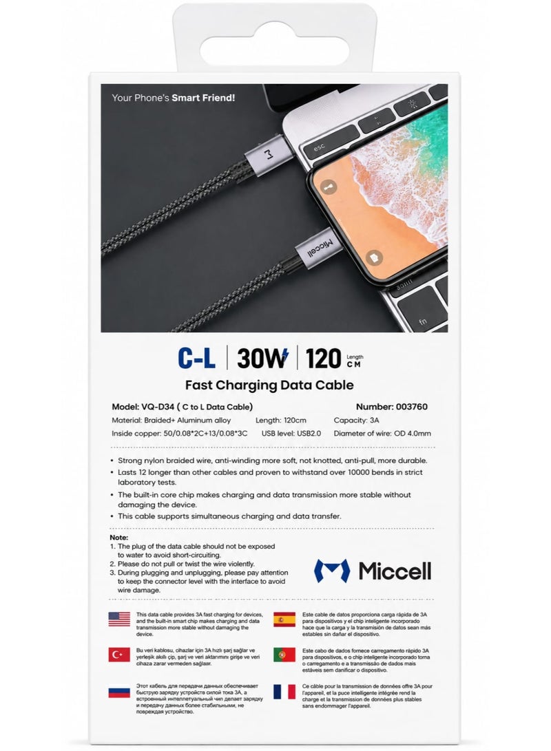 ميكسل كابل بيانات شحن سريع Miccell USB-C إلى Lightning، بطول 120 سم، 30 واط، مضفر - Image 3