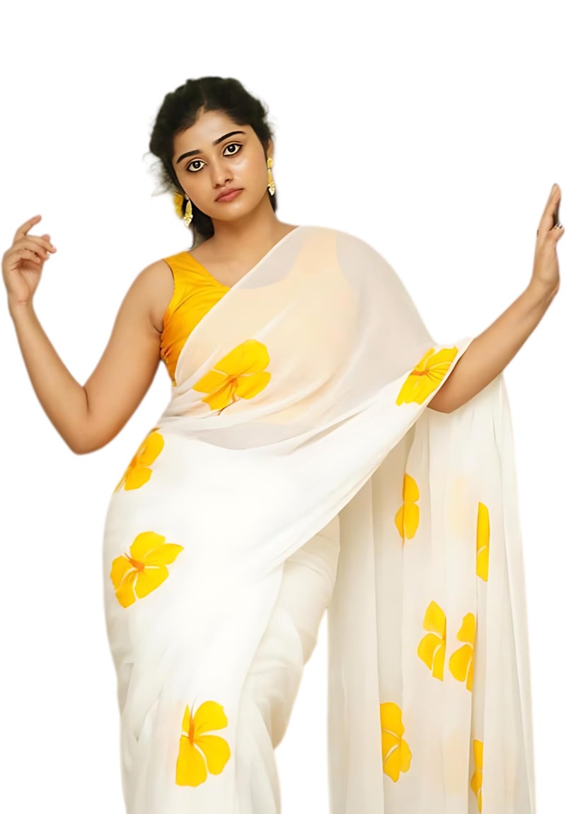 C J Enterprise Women’s Pure Soft Cotton Saree Linen For Silk Sarees Latest Party Design Wear Kalamkari Wedding Sadi With Blouse Piece Sari South Mulmul ikkat Mul Print 2025 New (White Lotus Yellow) - Image 1