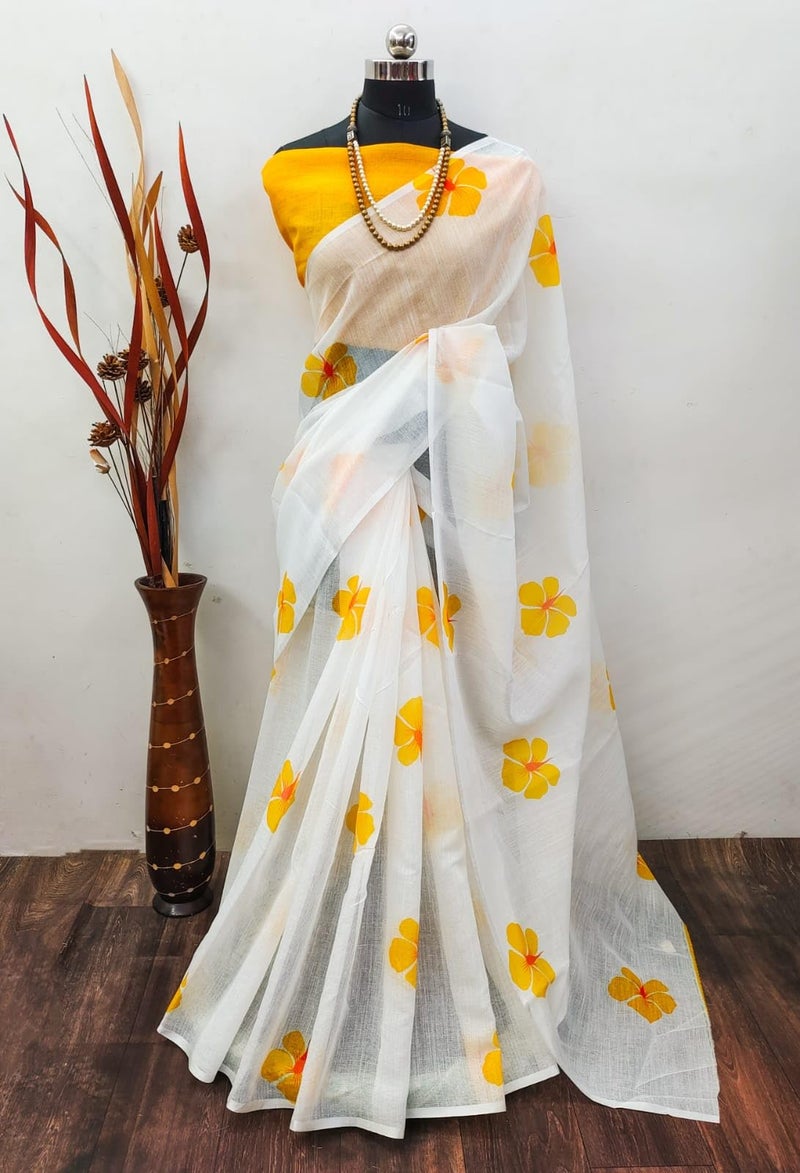 C J Enterprise Women’s Pure Soft Cotton Saree Linen For Silk Sarees Latest Party Design Wear Kalamkari Wedding Sadi With Blouse Piece Sari South Mulmul ikkat Mul Print 2025 New (White Lotus Yellow) - Image 5