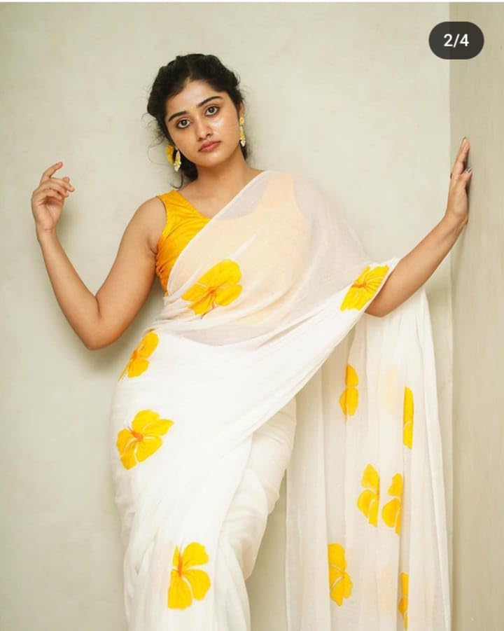 C J Enterprise Women’s Pure Soft Cotton Saree Linen For Silk Sarees Latest Party Design Wear Kalamkari Wedding Sadi With Blouse Piece Sari South Mulmul ikkat Mul Print 2025 New (White Lotus Yellow) - Image 4