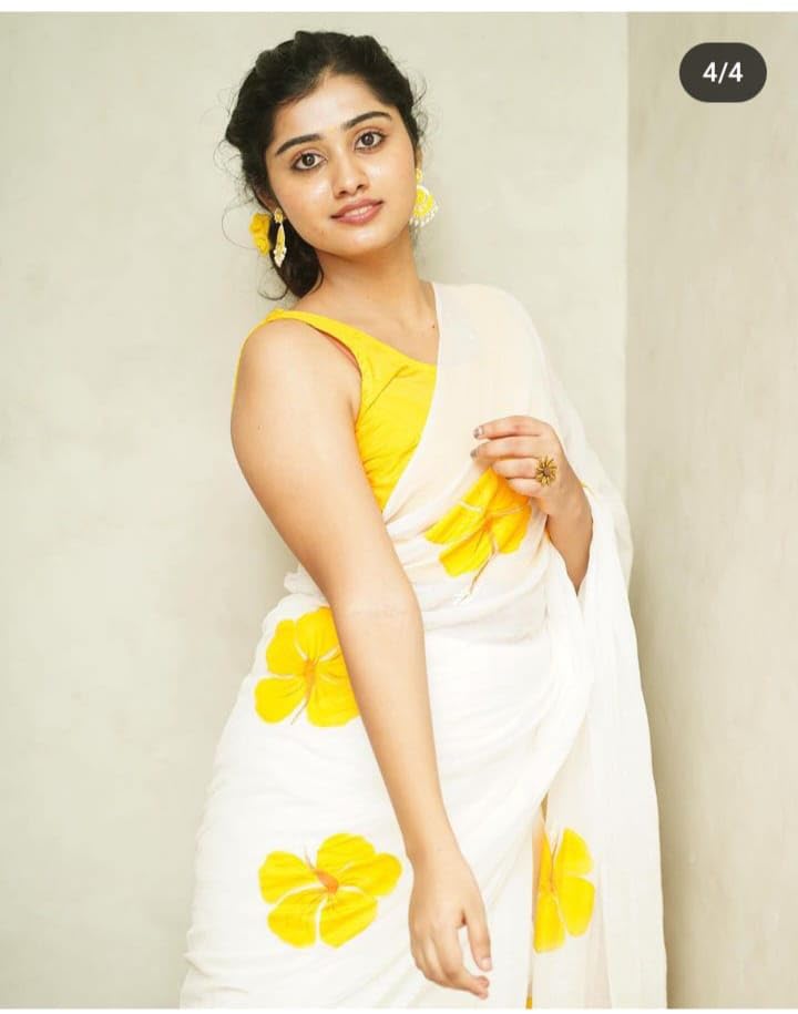 C J Enterprise Women’s Pure Soft Cotton Saree Linen For Silk Sarees Latest Party Design Wear Kalamkari Wedding Sadi With Blouse Piece Sari South Mulmul ikkat Mul Print 2025 New (White Lotus Yellow) - Image 3