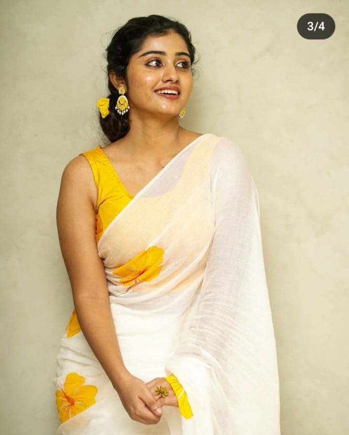 C J Enterprise Women’s Pure Soft Cotton Saree Linen For Silk Sarees Latest Party Design Wear Kalamkari Wedding Sadi With Blouse Piece Sari South Mulmul ikkat Mul Print 2025 New (White Lotus Yellow) - Image 2