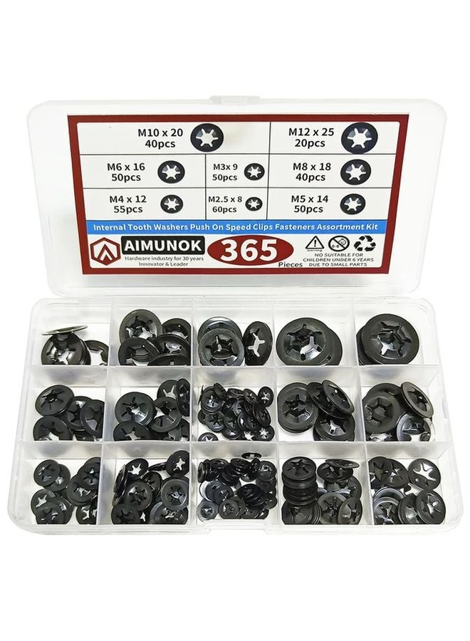 365Pcs 65 Mn Steel Black Oxide Internal Tooth Starlock Washers 8 Sizes Speed Clips Fasteners Assortment Kit - Image 1