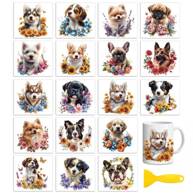 Peacoblue 18 Sheets Rub on Transfers for Crafts, Dog and Flowers 3.6"x3.9" UV DTF Cup Wraps Waterproof Rub on Cold Transfers Stickers for Wood Glass Metal Cup Tumblers Mirrors Mugs Home Decor - Image 1