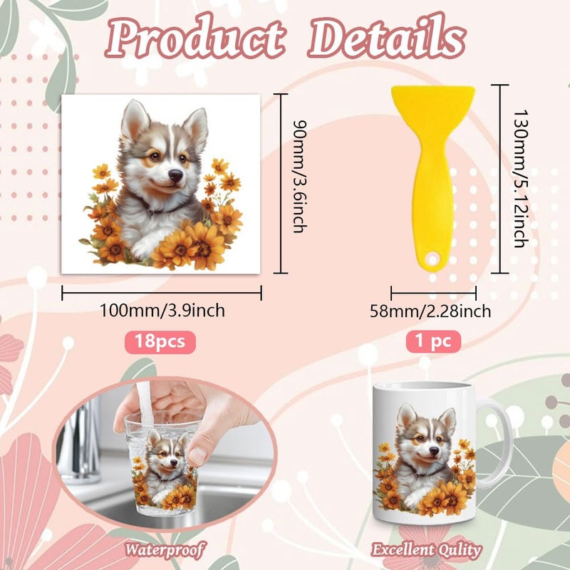 Peacoblue 18 Sheets Rub on Transfers for Crafts, Dog and Flowers 3.6"x3.9" UV DTF Cup Wraps Waterproof Rub on Cold Transfers Stickers for Wood Glass Metal Cup Tumblers Mirrors Mugs Home Decor - Image 2