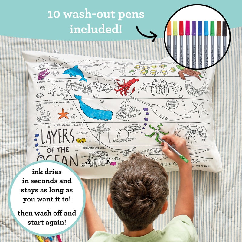 eatsleepdoodle Colouring Pillowcase for Kids w/ 10pk Washable Markers for Kids - 30x20in Under The Sea Kids Colouring Pillowcase - Ultra Washable & Reusable Arts and Crafts for Kids - Image 3