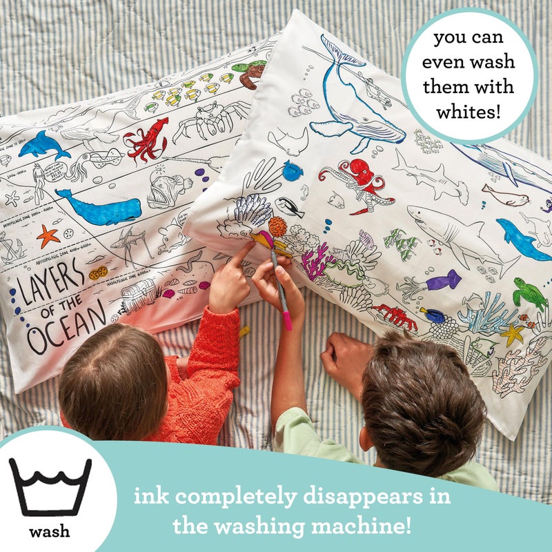 eatsleepdoodle Colouring Pillowcase for Kids w/ 10pk Washable Markers for Kids - 30x20in Under The Sea Kids Colouring Pillowcase - Ultra Washable & Reusable Arts and Crafts for Kids - Image 2
