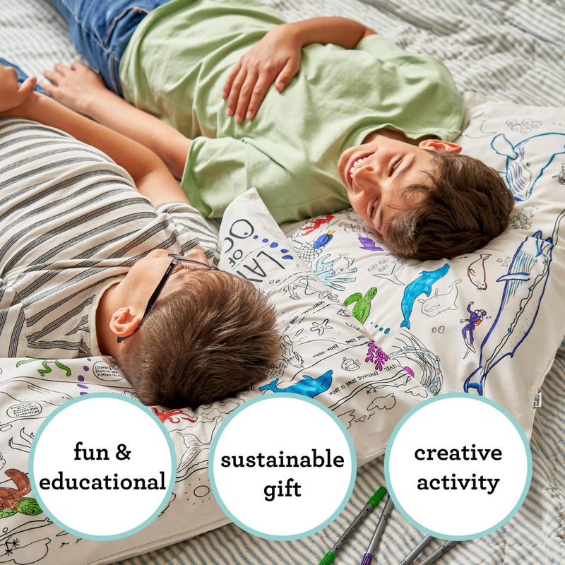 eatsleepdoodle Colouring Pillowcase for Kids w/ 10pk Washable Markers for Kids - 30x20in Under The Sea Kids Colouring Pillowcase - Ultra Washable & Reusable Arts and Crafts for Kids - Image 4
