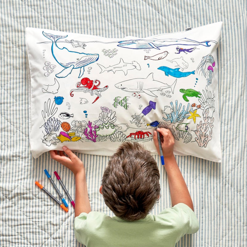 eatsleepdoodle Colouring Pillowcase for Kids w/ 10pk Washable Markers for Kids - 30x20in Under The Sea Kids Colouring Pillowcase - Ultra Washable & Reusable Arts and Crafts for Kids - Image 1