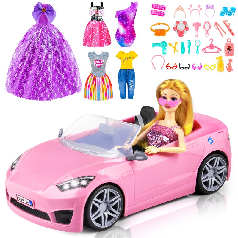 TQRAZ 76 Pcs Doll & Convertible Car Playset,Included 11.5 in Dol-l,Car,Princess Dresses,Fashion Dresses,Casual Clothing,Swimsuits,Bags,Shoes,Doll Playset,Doll Dress up Toys for Girls Kids Toddlers Gifts - Image 1