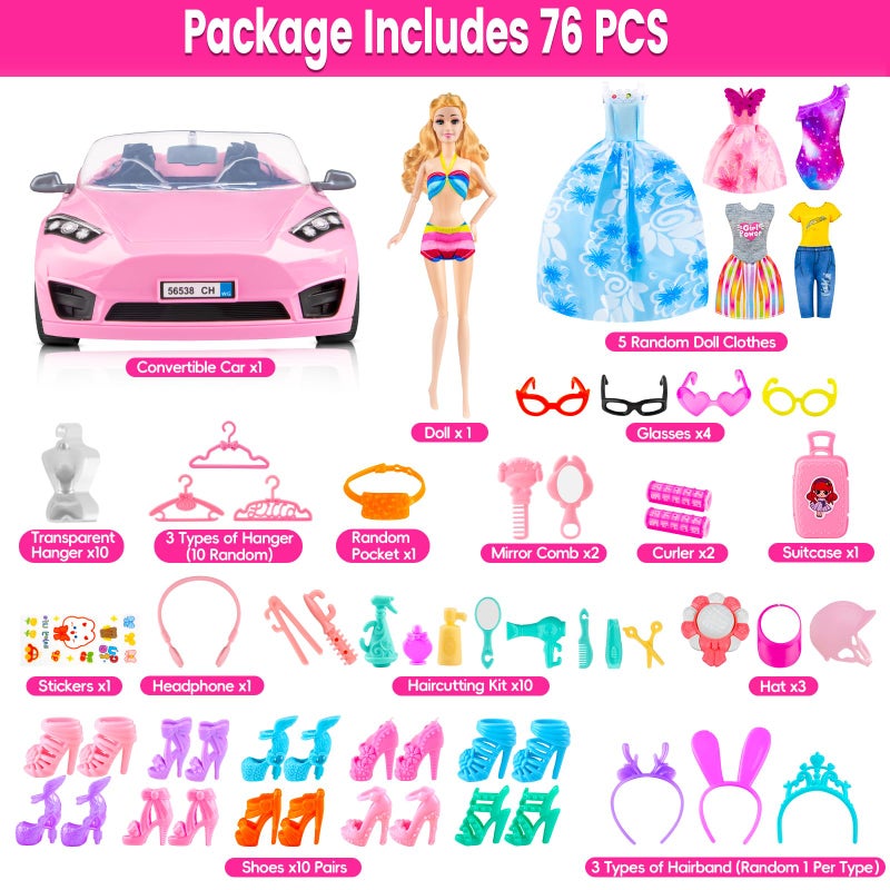 TQRAZ 76 Pcs Doll & Convertible Car Playset,Included 11.5 in Dol-l,Car,Princess Dresses,Fashion Dresses,Casual Clothing,Swimsuits,Bags,Shoes,Doll Playset,Doll Dress up Toys for Girls Kids Toddlers Gifts - Image 2