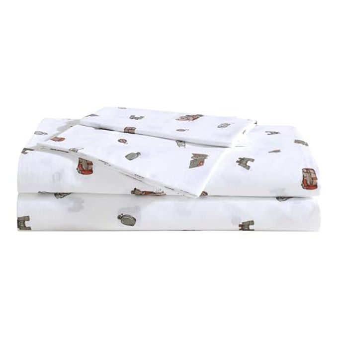 SHEET SET LUXURIOUS COTTON PERCALE BEDDING WITH MATCHING PILLOWCASE CRISP COOL FULLY ELASTICIZED BUDDY CAMPING ALLOVER WHITE QUEEN