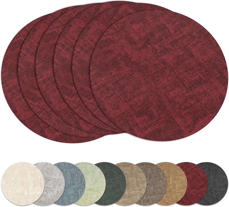 NCUE 13"Round Placemats Set of 6, Reversible Faux Leather Heat Resistant Table Mats, 100% Waterproof Oilproof Wipeable Table Protective Placemats for Vinyl, Washable for Indoor & Outdoor Use (6, burgundy) - Image 1