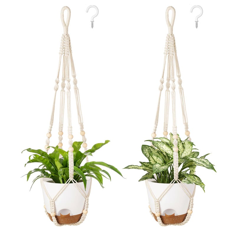 Mkono 75 Inch Hanging Planters Macrame Plant Hangers with Self Watering Plant Pots Indoor Set of 2 Hanging Baskets Flower Pot Holders with Hooks No Tassels for Boho Home Decor Ivory
