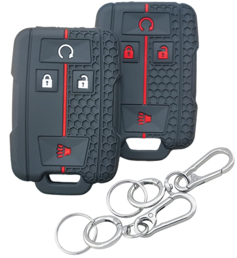RUNZUIE 2Pcs 4 Buttons Silicone Smart Key Fob Cover for 2014-2019 GMC Canyon Sierra Yukon Chevrolet Chevy Colorado Silverado Suburban Tahoe (Black with Red/White) - Image 1