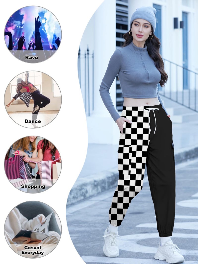 SANGTREE Women's Cargo Pants Elastic Waist Drawstring Tapered Jogger Pants with Pockets for Women,Colorblock-Black White Checked,M - Image 4