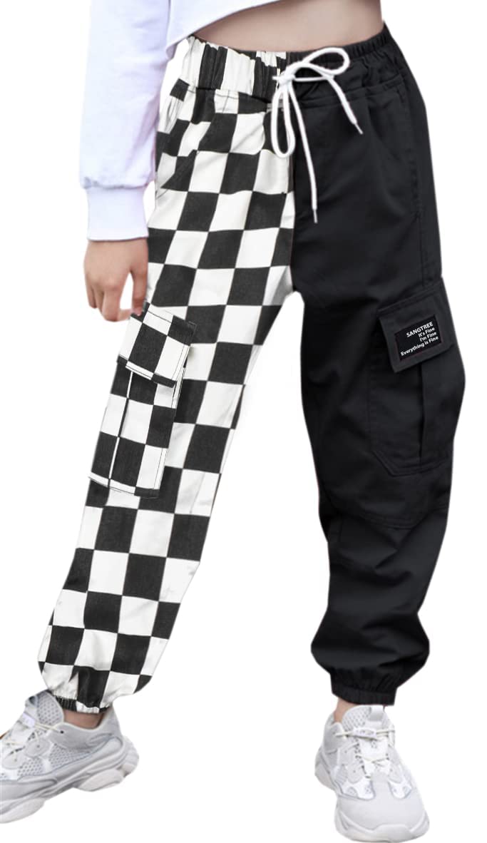SANGTREE Women's Cargo Pants Elastic Waist Drawstring Tapered Jogger Pants with Pockets for Women,Colorblock-Black White Checked,M - Image 1