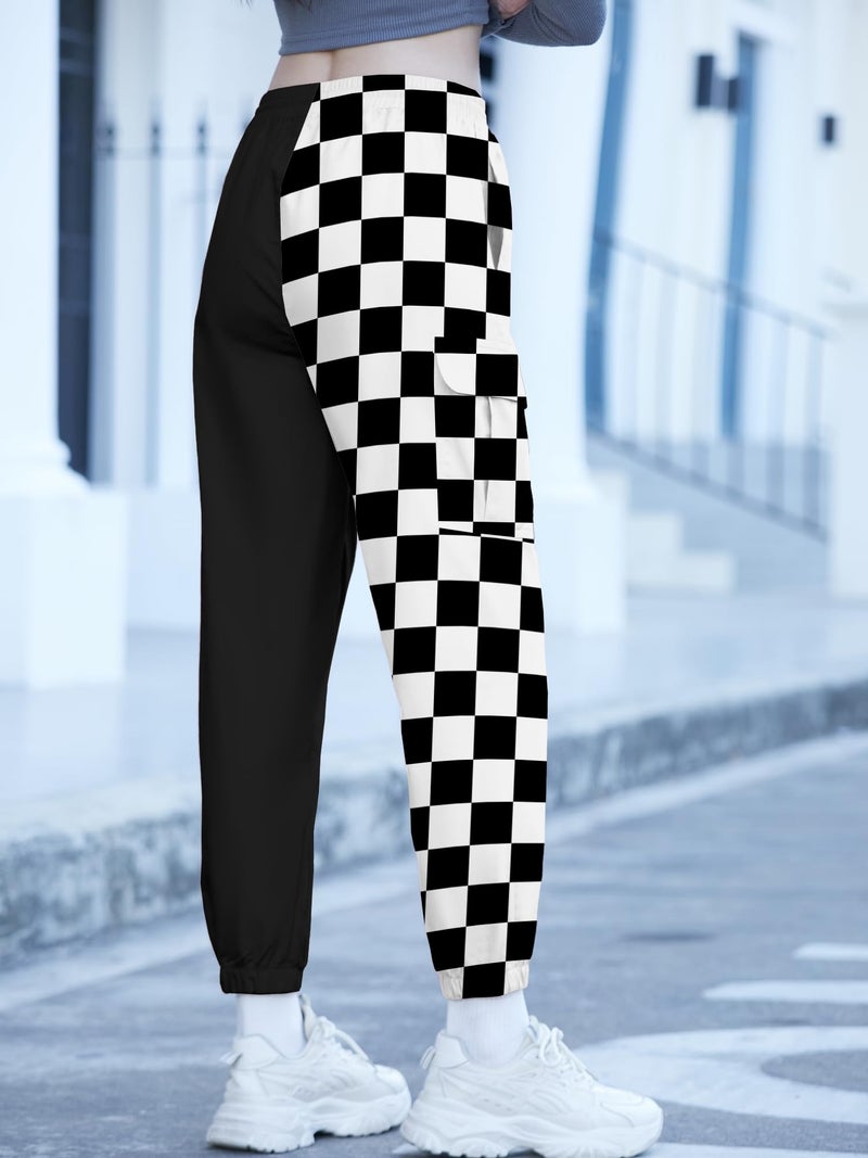 SANGTREE Women's Cargo Pants Elastic Waist Drawstring Tapered Jogger Pants with Pockets for Women,Colorblock-Black White Checked,M - Image 2