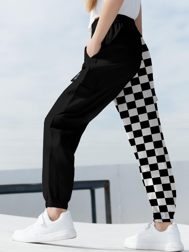 SANGTREE Women's Cargo Pants Elastic Waist Drawstring Tapered Jogger Pants with Pockets for Women,Colorblock-Black White Checked,M - Image 5