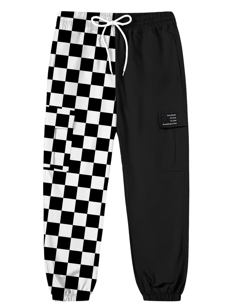 SANGTREE Women's Cargo Pants Elastic Waist Drawstring Tapered Jogger Pants with Pockets for Women,Colorblock-Black White Checked,M - Image 3