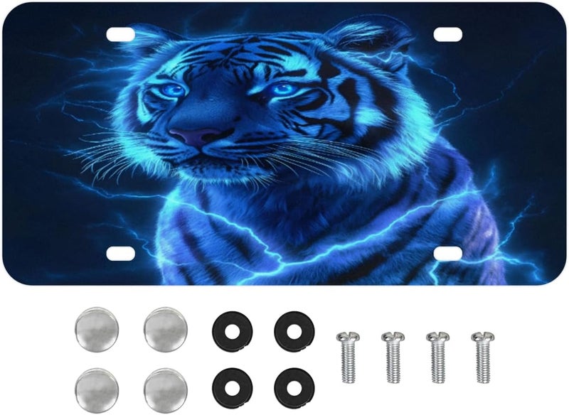 Blue Tiger License Plate Front License Plates Cover Cool Powerful Animals Aluminum Metal Car Accessory, 6x12 Inch Novelty Vanity Tag Decor with 4 Holes for Men & Women - Image 1