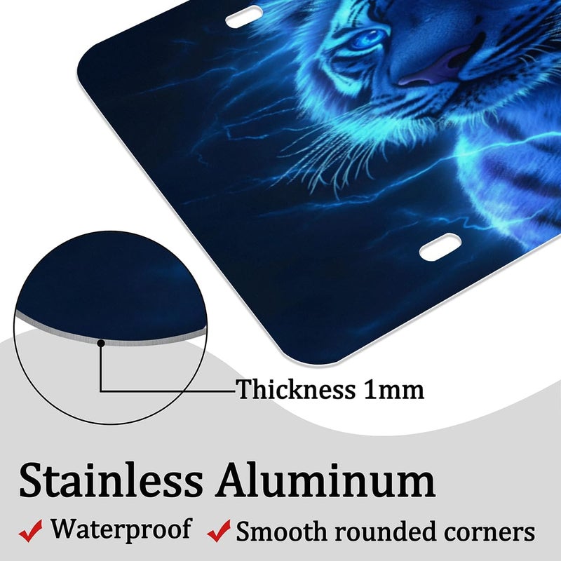 Blue Tiger License Plate Front License Plates Cover Cool Powerful Animals Aluminum Metal Car Accessory, 6x12 Inch Novelty Vanity Tag Decor with 4 Holes for Men & Women - Image 2