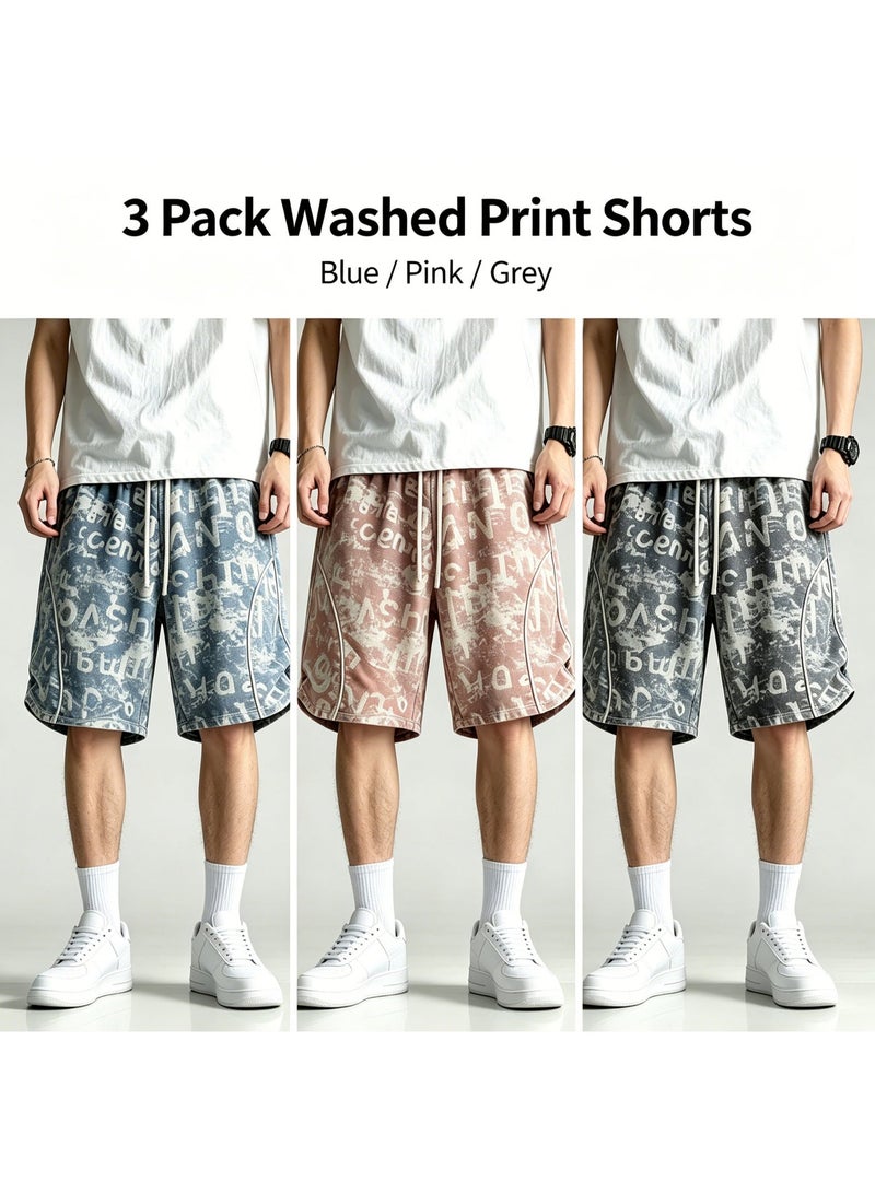 3 Pairs Men's Casual Shorts, Lightweight Mid-Rise Distressed Letter Print - Image 1