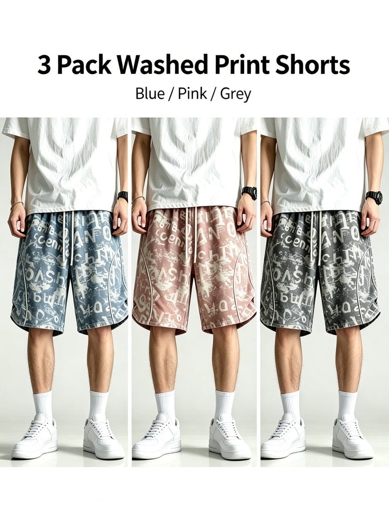 3 Pairs Men's Casual Shorts, Lightweight Mid-Rise Distressed Letter Print - Image 1