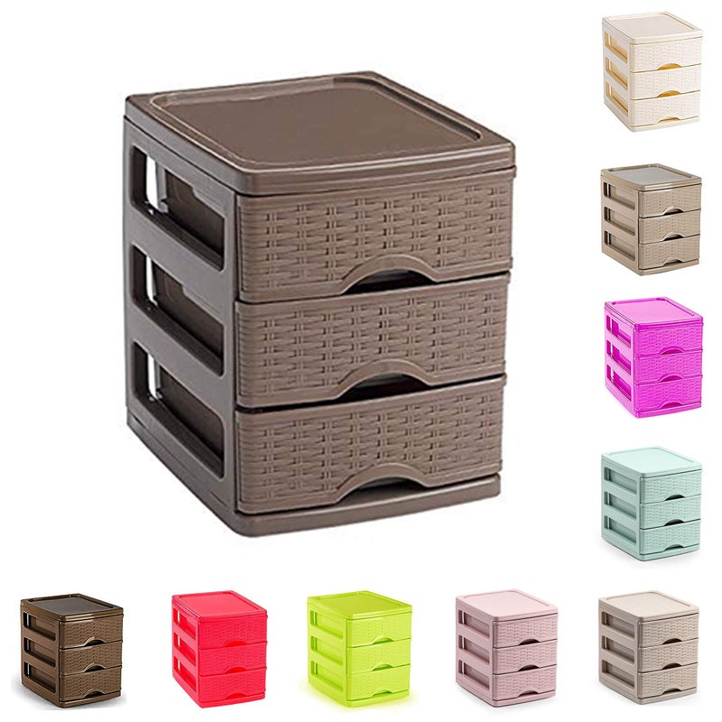 PLASTIFIC Plastic Desktop Storage Unit with Drawers Stationary Arts Drawer Desktop Tabletop Organiser Storage Tower Unit for Office Bedroom Garage 17 x 135 x 17cm  3 Drawers Dark Brown Rattan