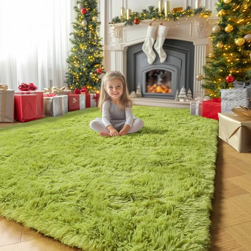 Amdrebio Grass Green Area Rugs for Bedroom, Fluffy Shag Plush Rug 5x7 for Kids Room Living Room Baby Nursery Decor Aesthetic, Cute Fuzzy Floor Furry Cool Shaggy Fuzzy Moss Carpet for Dorm Classroom Playroom - Image 1
