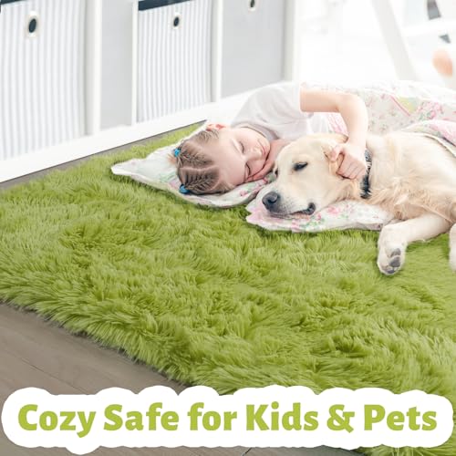 Amdrebio Grass Green Area Rugs for Bedroom, Fluffy Shag Plush Rug 5x7 for Kids Room Living Room Baby Nursery Decor Aesthetic, Cute Fuzzy Floor Furry Cool Shaggy Fuzzy Moss Carpet for Dorm Classroom Playroom - Image 3