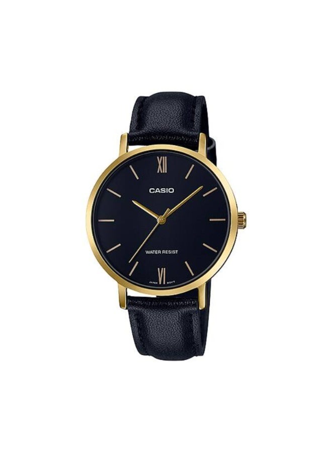 كاسيو ساعة كاسيو LTP-VT01GL-1B للنساء – حزام جلد أسود مع قرص أسود بسيط وإطار ذهبي - Image 1