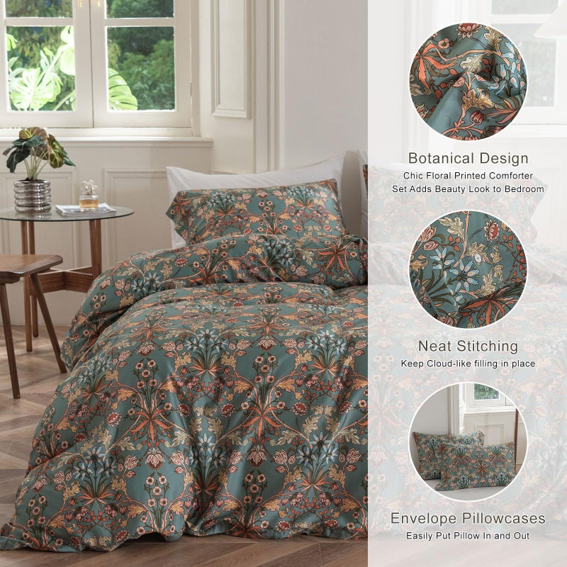 EAVD Boho Floral Comforter Set Fluffy Soft Microfiber Garden Floral Bedding Set with 2 Pillowcases Vintage Style Botanical Comforter Set for All-Season - Image 4