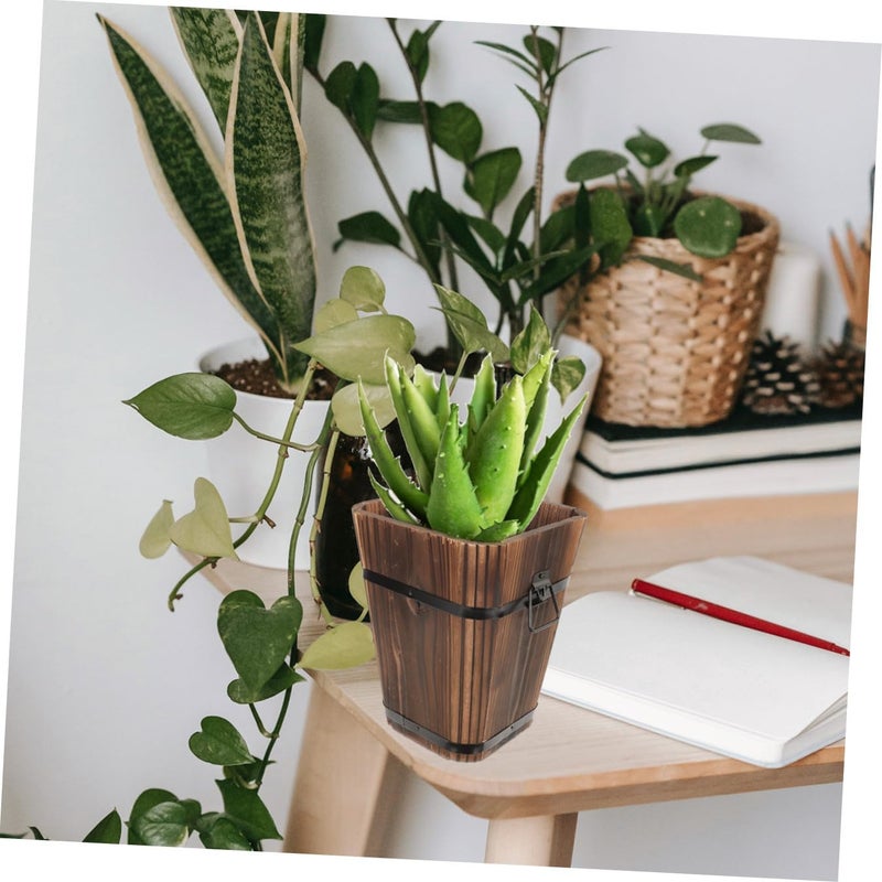 BESTonZON Retro Solid Wood Flower Pot Decorative Wooden Bucket for Indoor Outdoor Plants Succulent Planter Corrosion-Resistant Small Rustic Wooden Pail for Home Garden - Image 4
