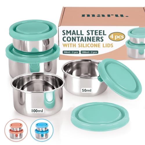 MARU Small Steel Containers, Small Tiffin Box for Chutney with Food Grade Silicone Lids, Kitchen Containers Set Steel Ideal for Chutney, Salad, Pickle - 50ml * 2 pcs & 100ml * 2 pcs, Set of 4 (Green) - Image 1