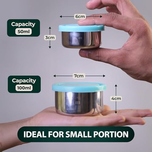 MARU Small Steel Containers, Small Tiffin Box for Chutney with Food Grade Silicone Lids, Kitchen Containers Set Steel Ideal for Chutney, Salad, Pickle - 50ml * 2 pcs & 100ml * 2 pcs, Set of 4 (Green) - Image 4