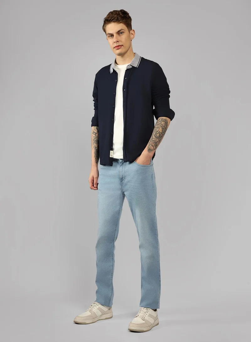 دينيس لينغو Slim Fit Navy 100% Cotton Solid Shirt for Men - Spread Collar, Full Sleeves, Casual