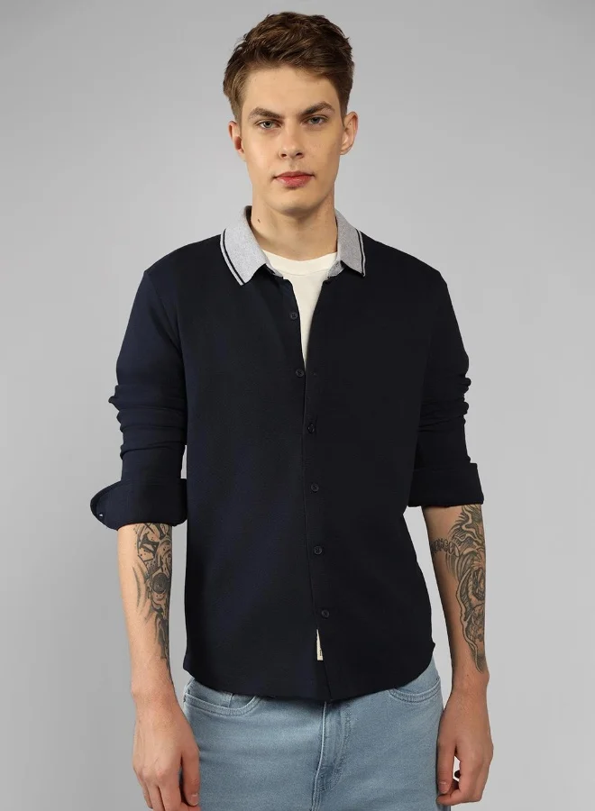 دينيس لينغو Slim Fit Navy 100% Cotton Solid Shirt for Men - Spread Collar, Full Sleeves, Casual