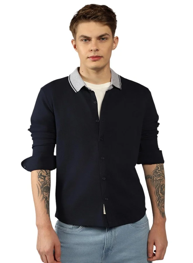 دينيس لينغو Slim Fit Navy 100% Cotton Solid Shirt for Men - Spread Collar, Full Sleeves, Casual