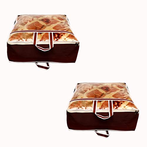 AARON INC Presents Non Woven Blanket Storage Bag With Front Handle Large Transparent Clear Window Large Size Storage Bag Cover Under Bed Storage (Brown Pack of 2) - Image 1