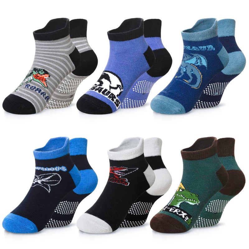 Eyean Kids Ankle Cotton Socks Cute Animal Pattern Soft Non Slip Boys Girls No Show Socks 6 Pairs (Non Slip-Dinosaur, 6-8 Years) - Image 1