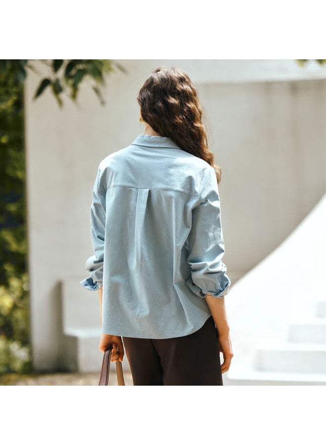 Olrain Women's Autumn Corduroy Blue Commuter Shirt Elegant Versatile Long Sleeve Top Blue XL - Image 2